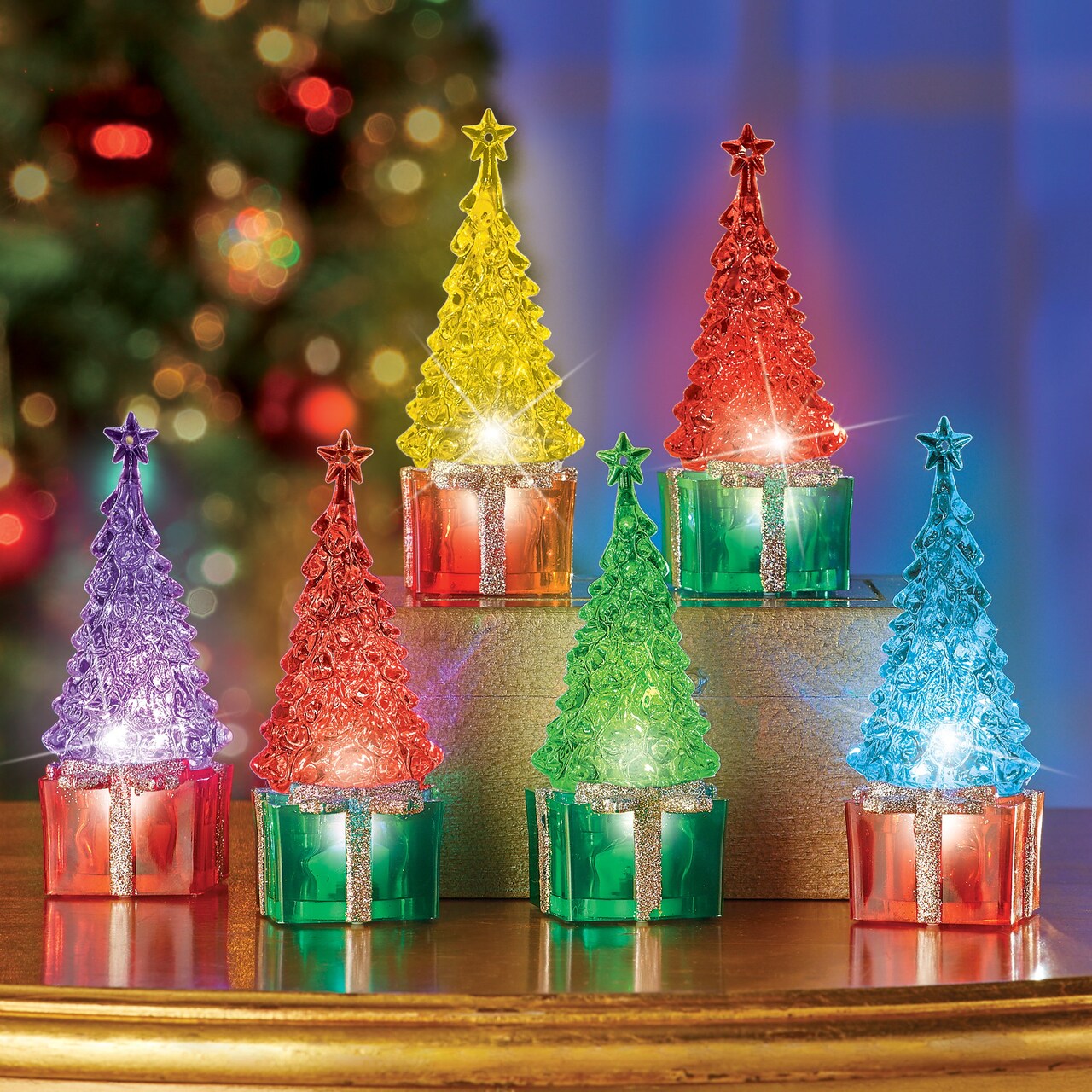 Collections Etc LED Lighted Color Changing Tabletop Christmas Trees - Set of 6